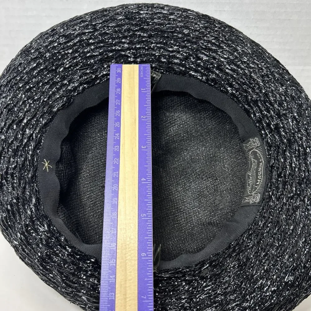 Vtg Hattie Carnegie I Magnin Co., Black Cloche Hat 1950s Woven Ratten Bow Hat